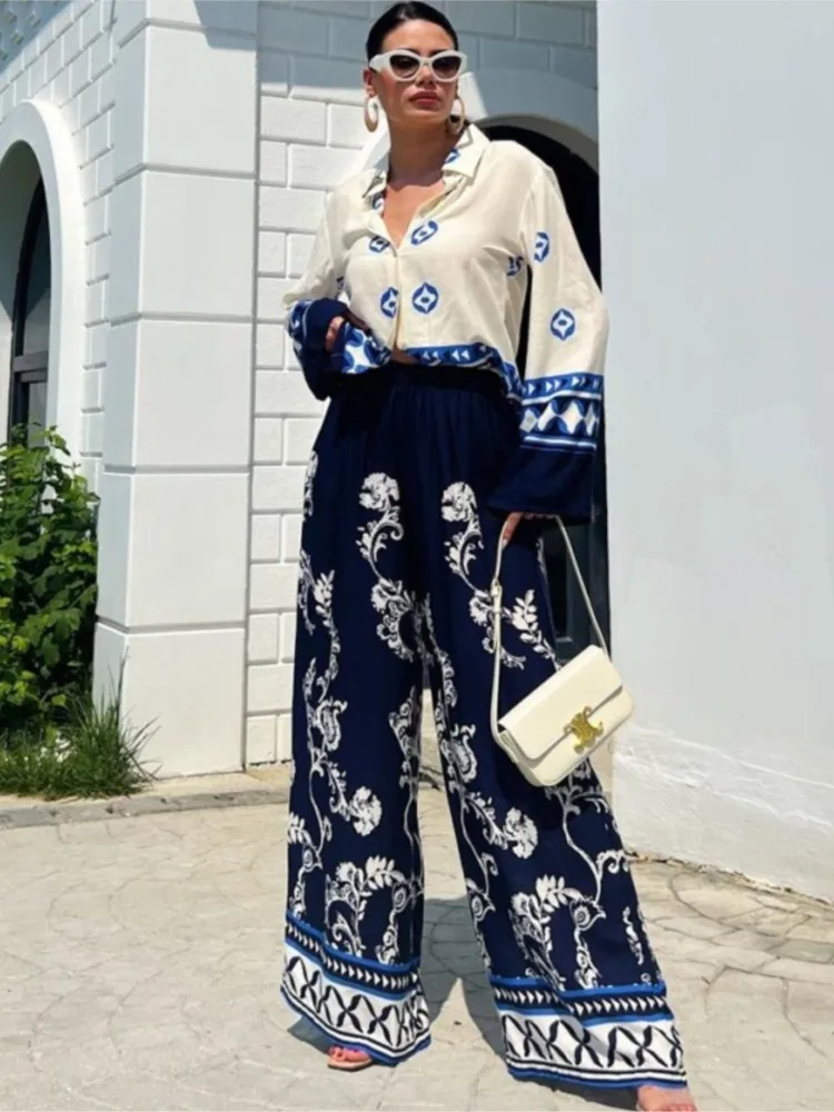 2024 Spring New Printed Pants Sets Women Fashion Casual Loose Long Sleeve Shirts Wide Leg Trousers Two Piece Set Female Clothing fashion high waist broken holes straight jeans 2023 women s loose denim pants female british style commuter light blue trousers