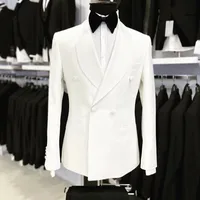 2023 New Fashion Men White Shawl Lapel Suits Business Casual Formal Costume Homme Double Breasted Slim Fit 2Pcs Set Jacket Pants 1