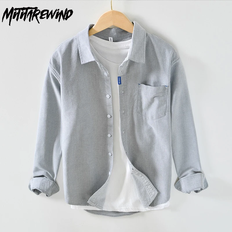 

Autumn New Men Long Sleeve Shirt Pure Cotton Daily Casual Versatile Top Square Collar Oxford Plain Shirt Japanese Simple Clothes
