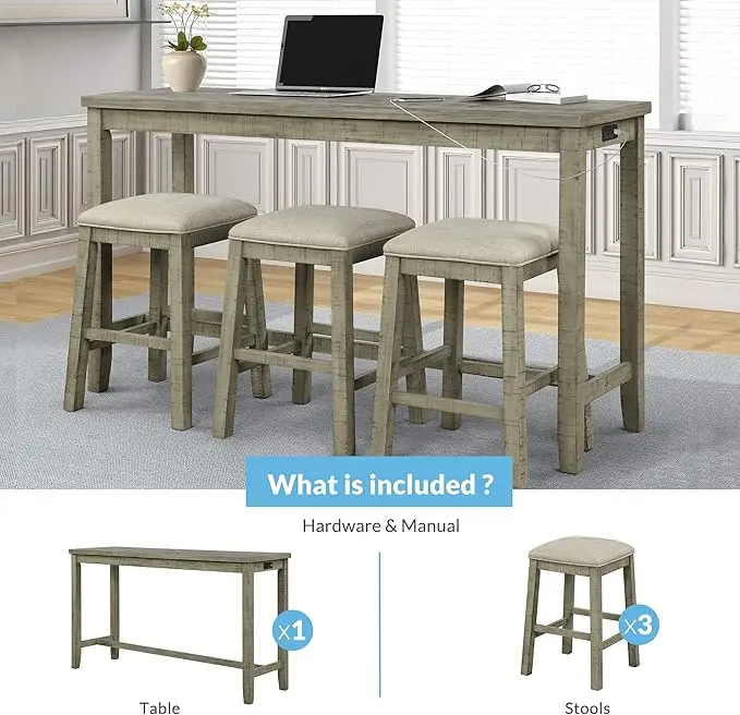 4-Piece Bar Table Set Counter Height Dining Pub Table Set with 3 Bar Stools Multipurpose Pub with USB Interface