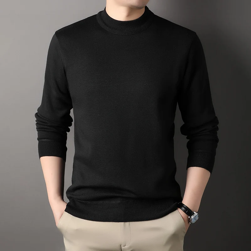 Mens Round Neck Sweater Fleeced Knitwear Solid Color Velvet Jumpers Slim Fit Elegant Luxury Brand Brown Knitted Sweaters 3