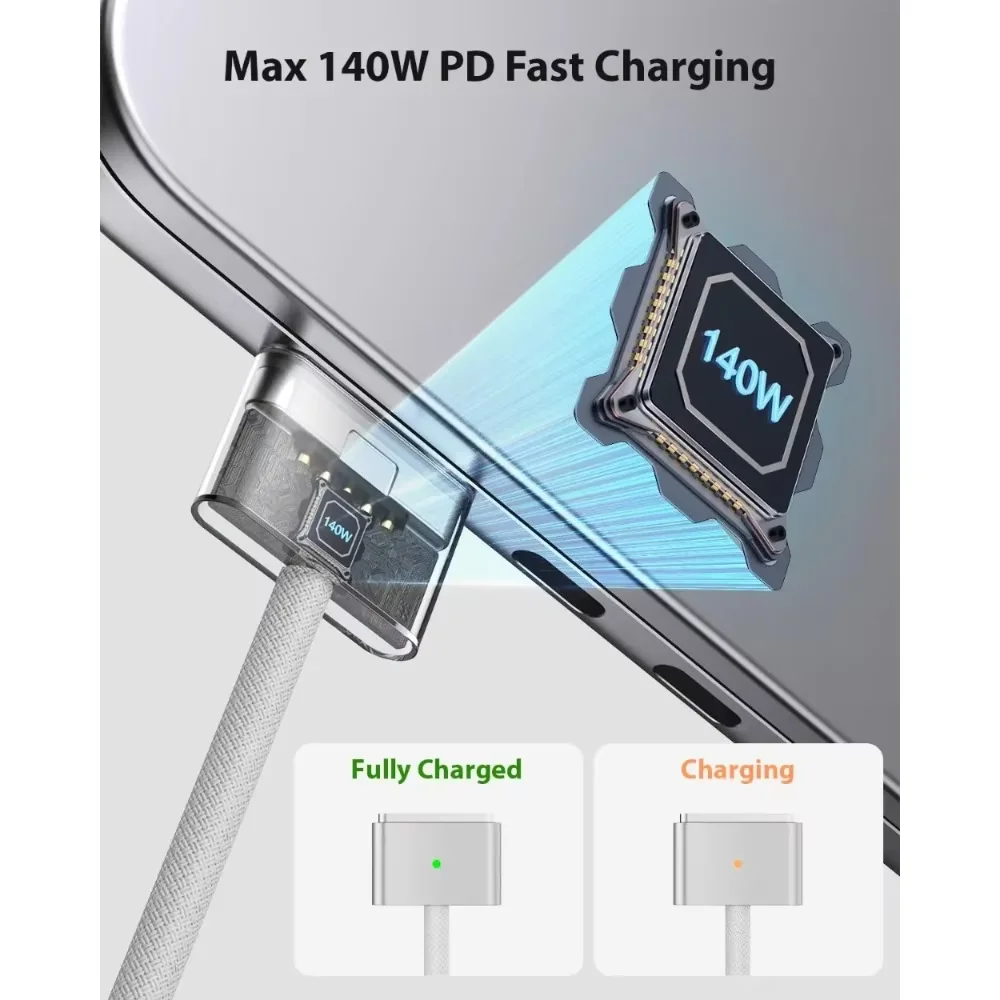 2025년형 새로운 멀티 컬러 140W PD USB-C to MagSafe 3 마그네틱 브레이디드 충전 케이블 | 맥북 에어/프로 A2485/A2442/A2681/A2780/A2용