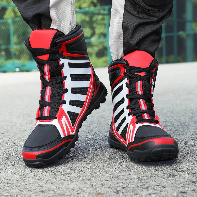 Men's Motorcycle Boots New Breathable Stripe Motos Riders Shoes Outdoor Motocross Protective Boots Hiking Non-slip Sports Shoes
