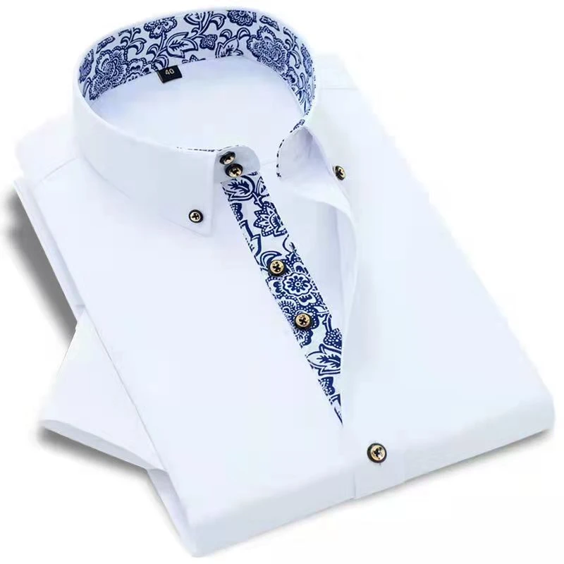 new blue and white porcelain collar summer shirt men's solid color short-sleeved shirt men's lapel half-sleeve business clothes black short sleeve button up