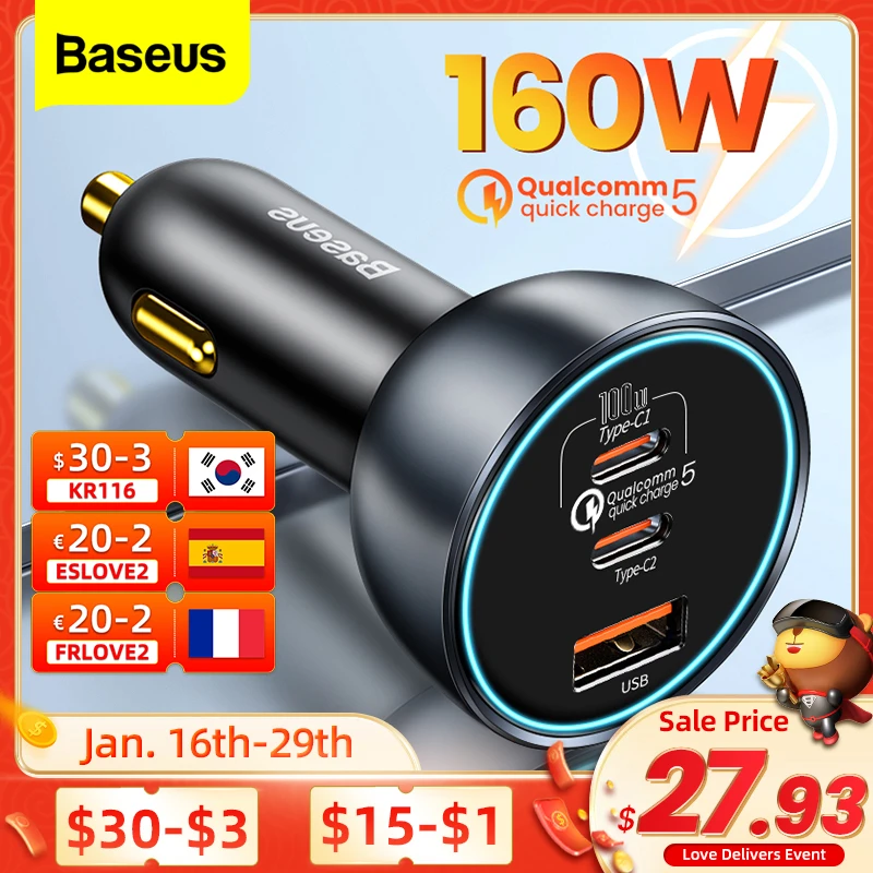 Baseus 160w Car Charger Quick Charge Qc 5.0 4.0 3.0 Pd Charger For ...