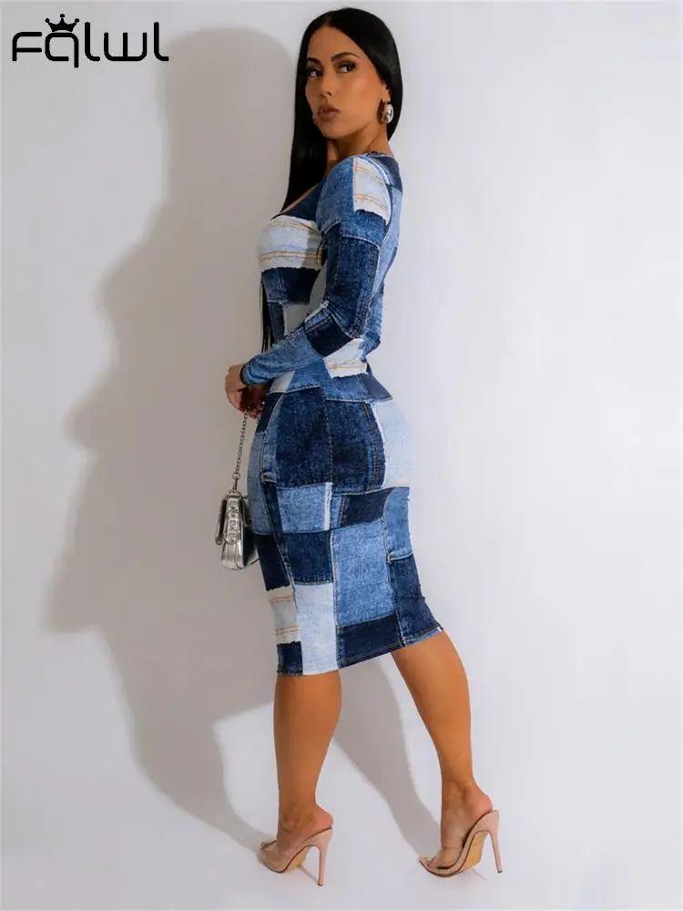 

Habbris Sexy Patchwork Denim Printing Midi Dresses For Women Summer 2023 Long Sleeve Bodycon Slim Maxi Dress Slash Neck Dress