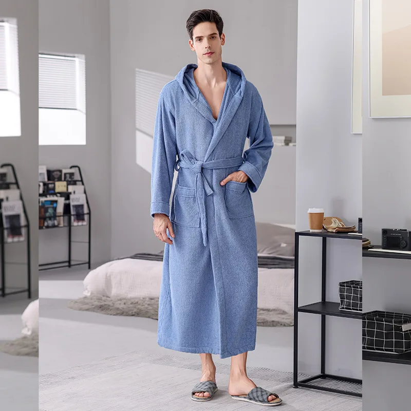 Hooded Bathrobe Men Cotton Hooded Women Sleepwear Nightgown Towel Fleece Thick Long Soft Autumn Winter White Home Hotel robe