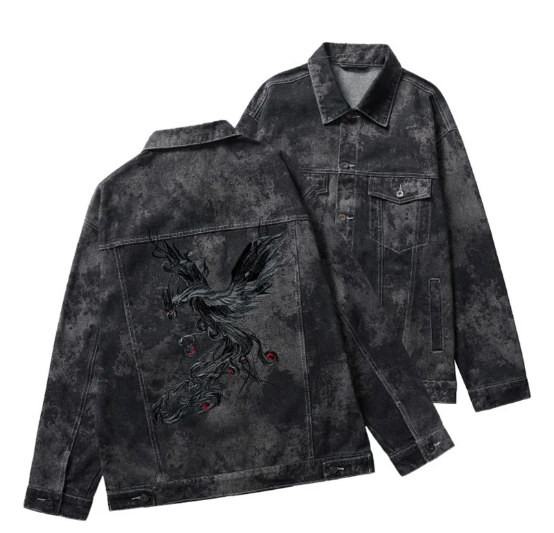 Frühling Herbst Denim Jacke Chinesischen Stil Phoenix Bestickte Umlegekragen Jacke Mode Herren Casual Denim Mantel Z1A1 – Detail 8