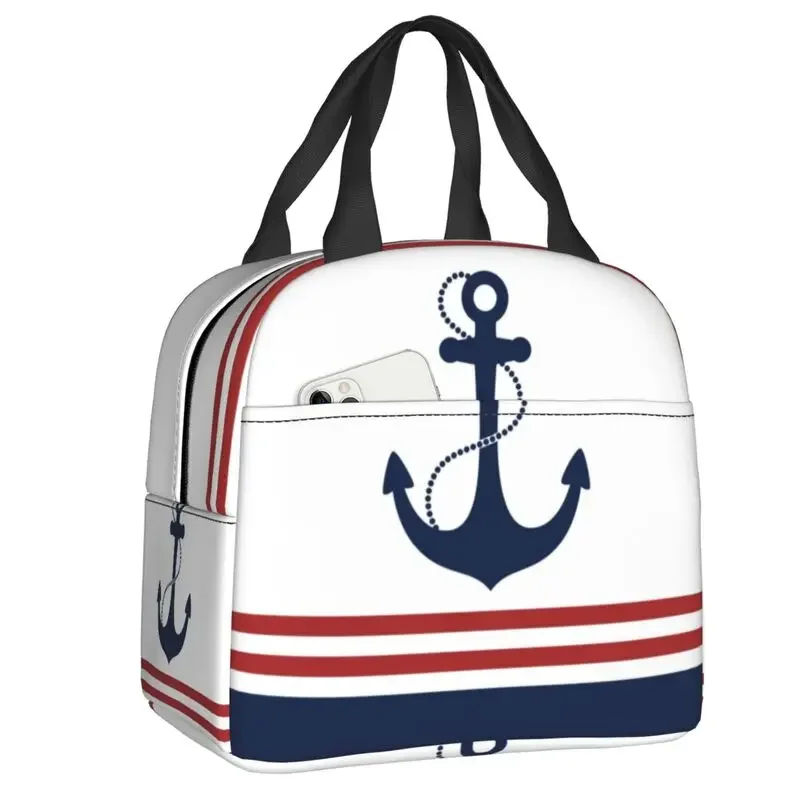 

Nautical Navy Blue Anchor With Stripes Insulated Bag Leakproof Sailing Sailor Thermal Cooler Lunch Box Beach Camp Travel
