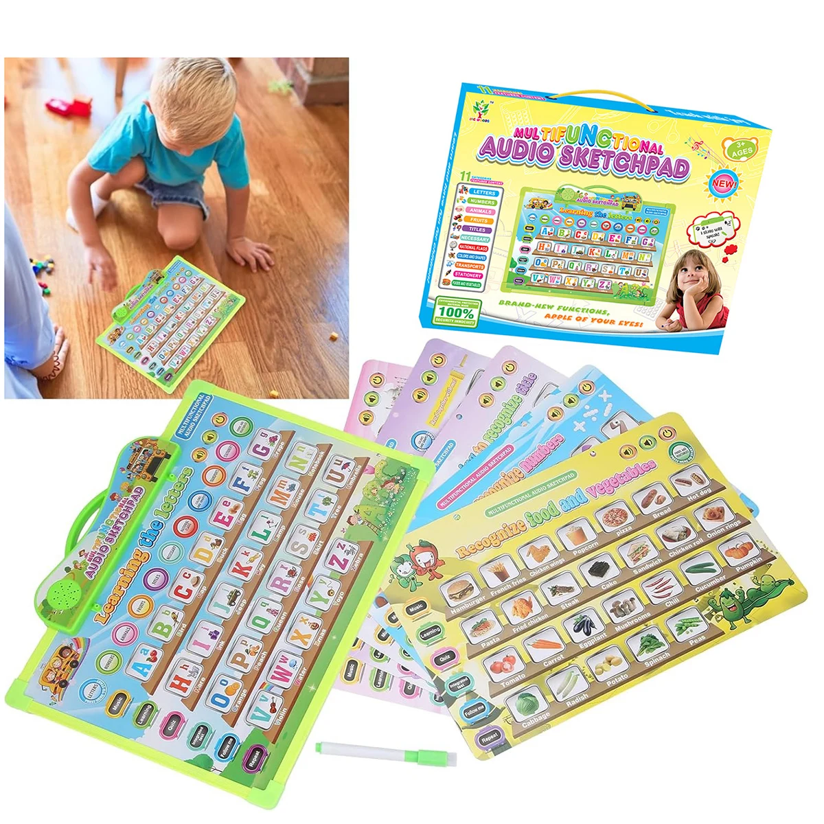 다기능 오디오 스케치패드 3세 이상 어린이용 11가지 카테고리 학습기 알파벳 숫..