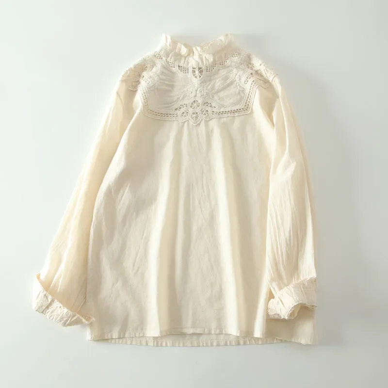Vintage Cotton Embroidery Eyelet Lace Ruffled Collar Long Sleeve Blouse Spring Elegant Chic Victorian Edwardian Hollow Out Shirt
