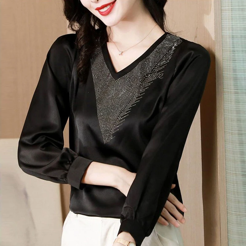 Women Satin Rhinestone Vintage Elegant Blouses Autumn Korean Office Lady Black Shirts V Neck Long Sleeve Tops Blusa Mujer Moda summer loungewear cold shoulder v neck short sleeve high waist women jumpsuit rhinestone print straight wide leg lady romper