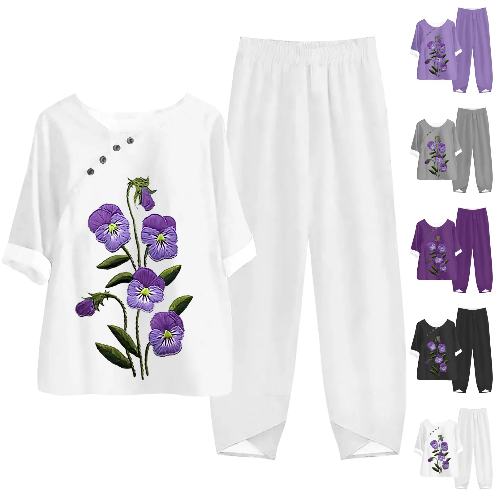 Women' Fashionable Casual Cotton And Linen Printed Casual Round Neck Three Quarter Sleeve Trousers Snow Pants Overalls Womens