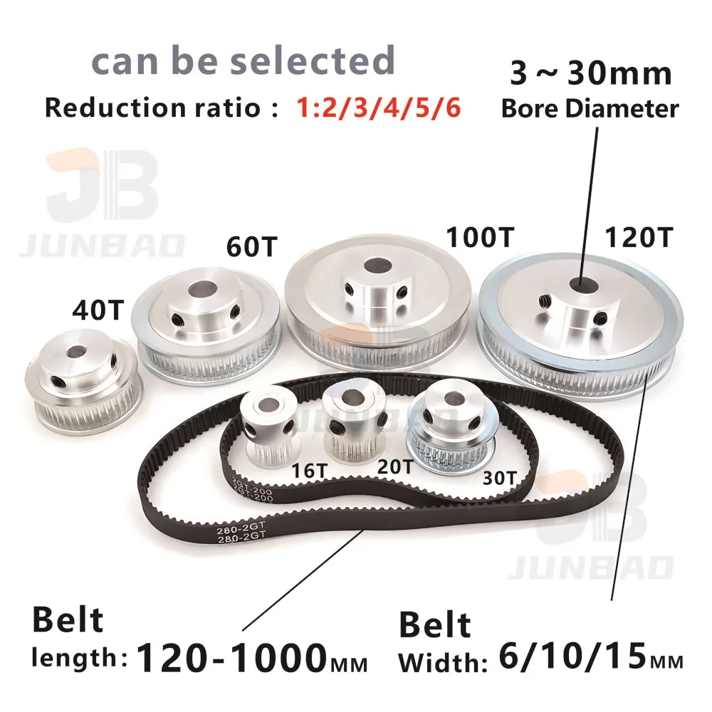 2GT Belt and pulley set 20T/60T Timing pulley Belt length 180/200/220/280/300/400/500/600MM GT2M Synchronous wheel CNC/3D Parts