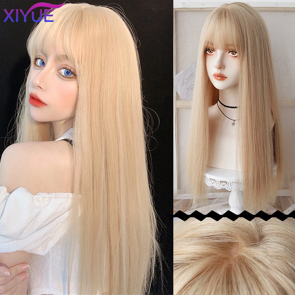 XIYUE-Peluca de cabello sintético con flequillo para mujer, cabellera artificial largo, ondulado, Natural, rubio platino, fibra resistente al calor, fiesta de Cosplay, Lolita