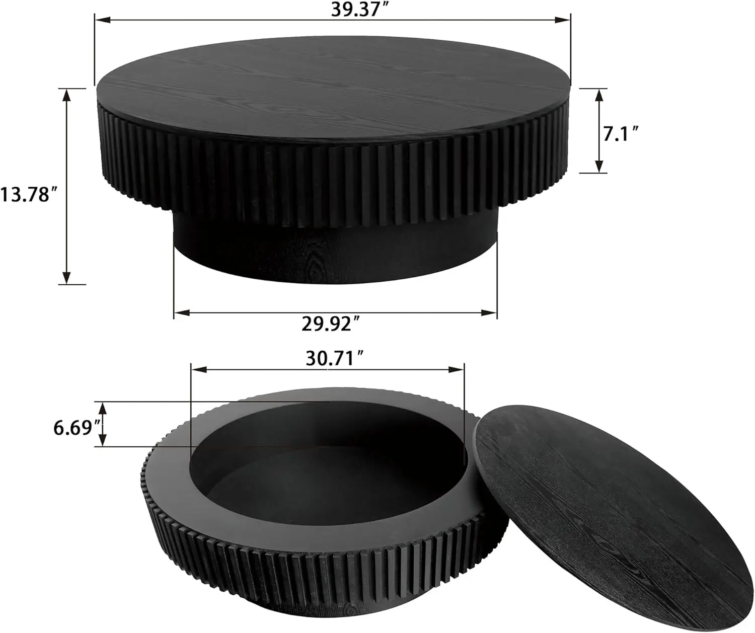 39'' Round Coffee with Storage, Modern Wooden Coffee Table with Solid Wood Veneered, Circle Center Accent Tea