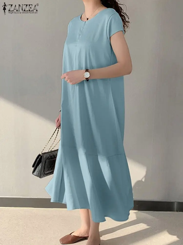 

ZANZEA 2024 Summer O-neck Maxi Sundress Casual Loose Patchwork Dress Women Holiday Solid Dress Fashion Korean Short Sleeve Robe
