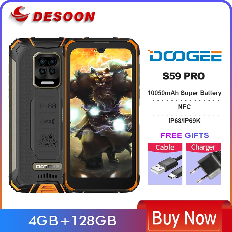 DOOGEE S59 Pro 10050mAh Super Battery  IP68/IP69K 4+128GB NFC Rugged Smartphone 2W Loud Volume Speaker best android cell phone