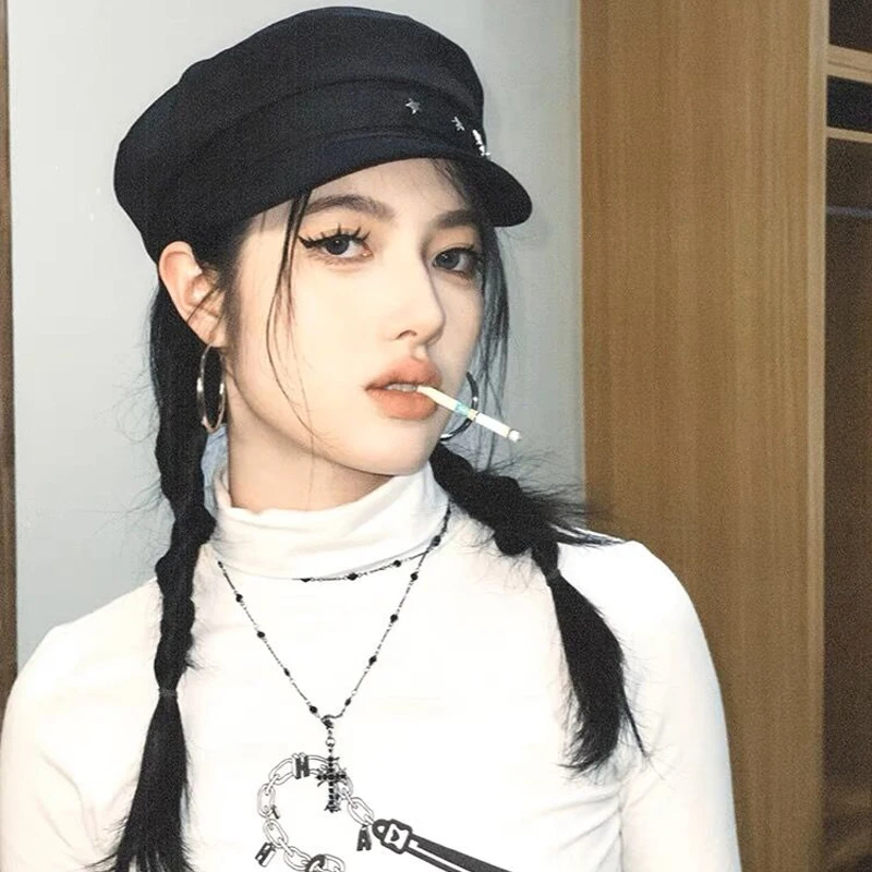 Retro Pittore Donne Nero Stella Cappello Militare Marinaio Capitano Flat Top Caps Primavera Autunno Artista Britannico Giornale Berretti_voghion.com