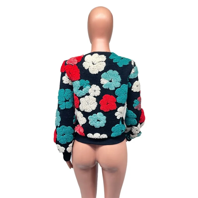 Flowers Jacquard Plush Wool Jackets Women O-Neck Single Breasted Long Sleeve Short Coats Fashion Casual Streetwear Outwear
