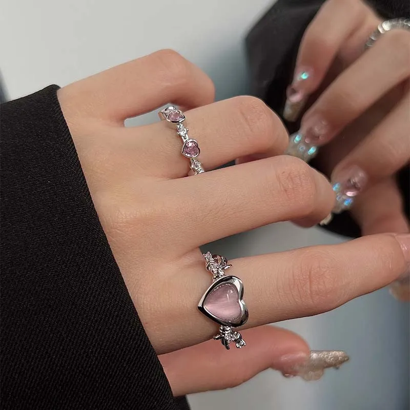 2023 Korean Sweet Pink Zircon Heart Open Ring for Women Luxury Crystal  Adjustable Finger Rings Wedding Jewelry Birthday Gift - AliExpress