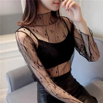 Black Transparent T-Shirt Sexy Women Mesh Tulles See Through Tops Turtleneck Long Sleeve Blouses Female Clubwear Pullover Tees 1
