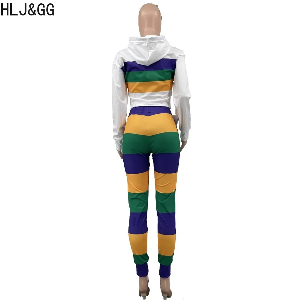 HLJ&GG Casual Stripe Printing Sporty Hooded Two Piece Sets Women Long Sleeve Top And Jogger Pants Tracksuits Female 2pcs Outfits