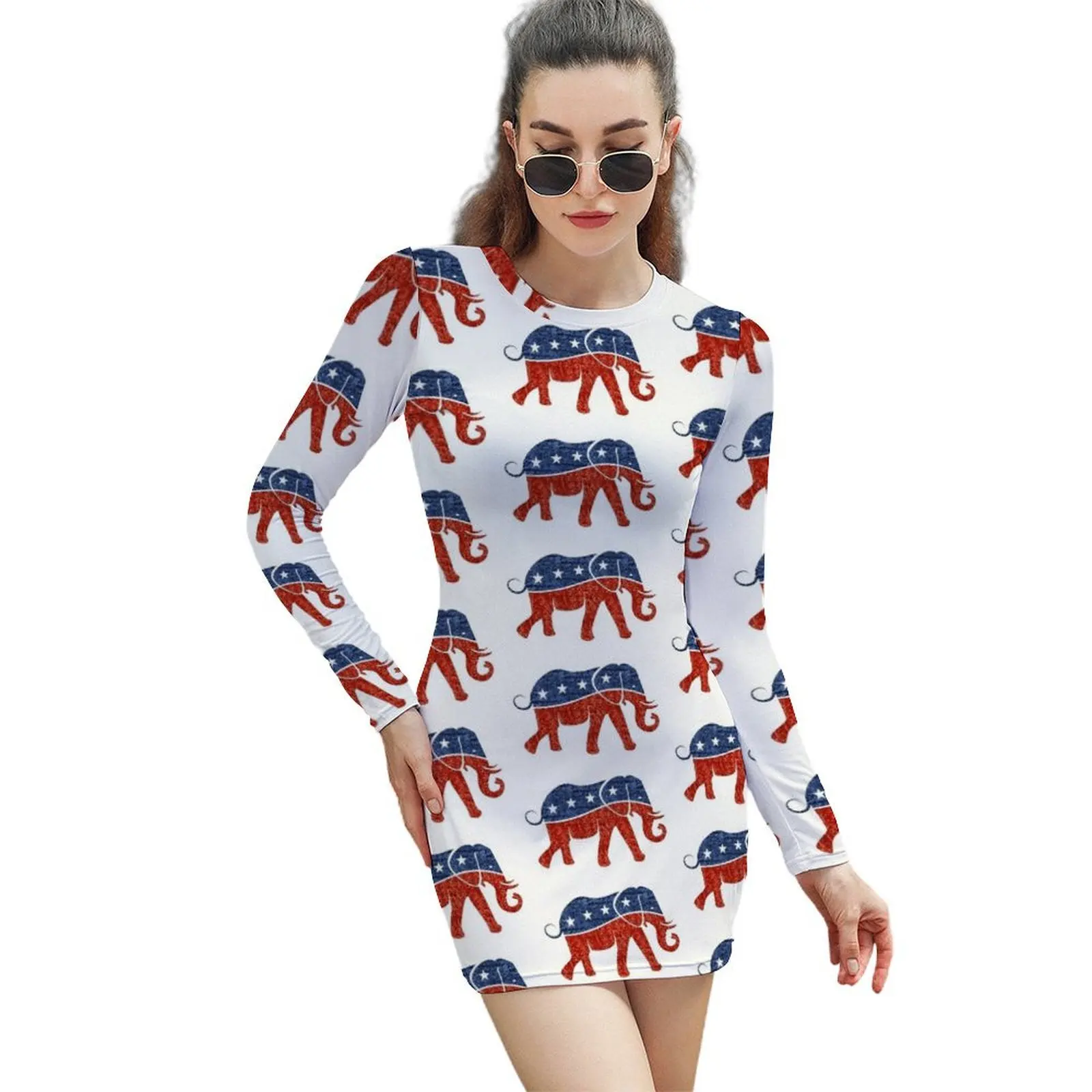 

Блестящее платье-футляр с принтом республиканского слона с длинными рукавами платье на день рождения для женщин