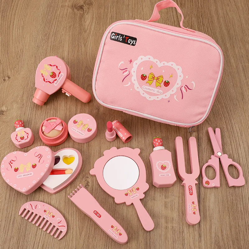 Children Wooden Play House Toys Pink Makeup Bag Simulation Girl