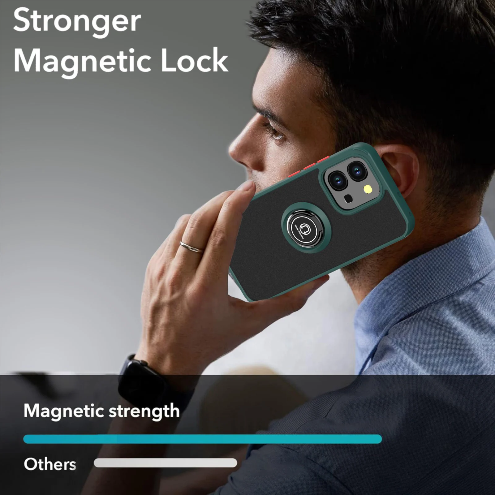 Shockproof Silicone Bumper with Metal Ring Holder - Matte Back Hard Phone Case