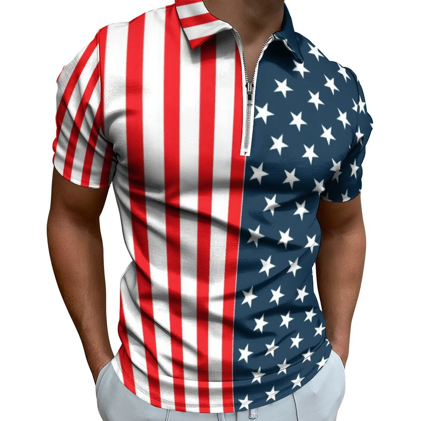 

Star And Stripes Casual T-Shirts American Patriotic Flag Red Blue Stars Polo Shirts Zipper Streetwear Shirt Print Plus Size 6XL