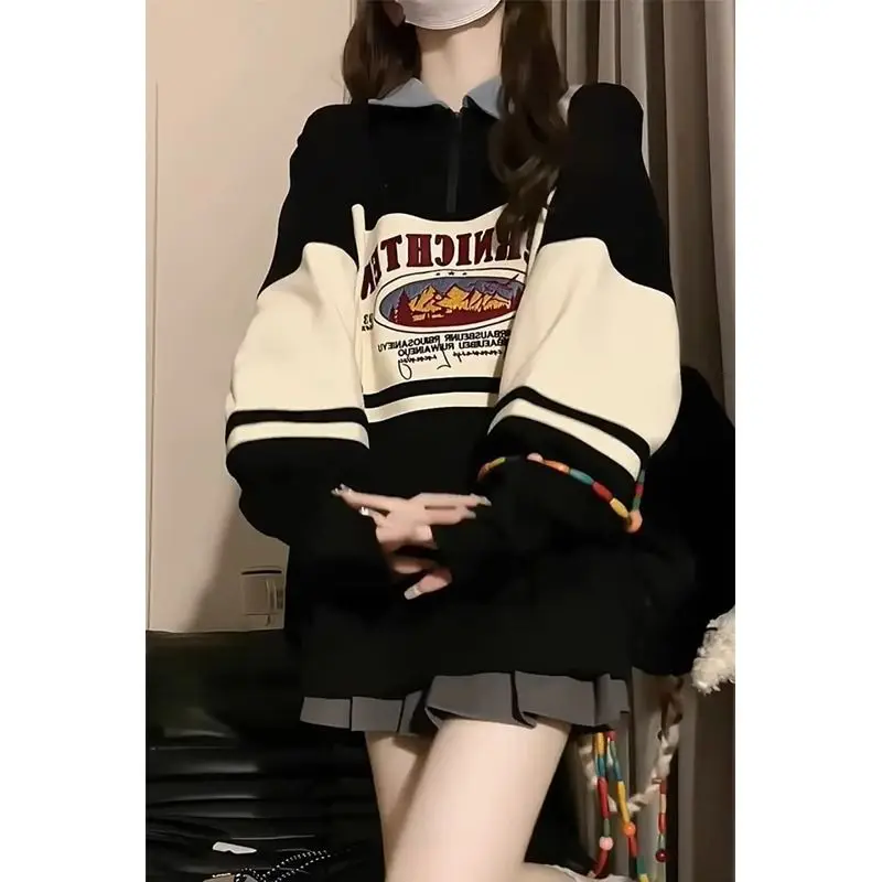 Fashion Lapel Zipper Spliced Printed Casual Sweatshirts Female Clothing 2023 Autumn Oversized Korean Tops All-match Sweatshirts