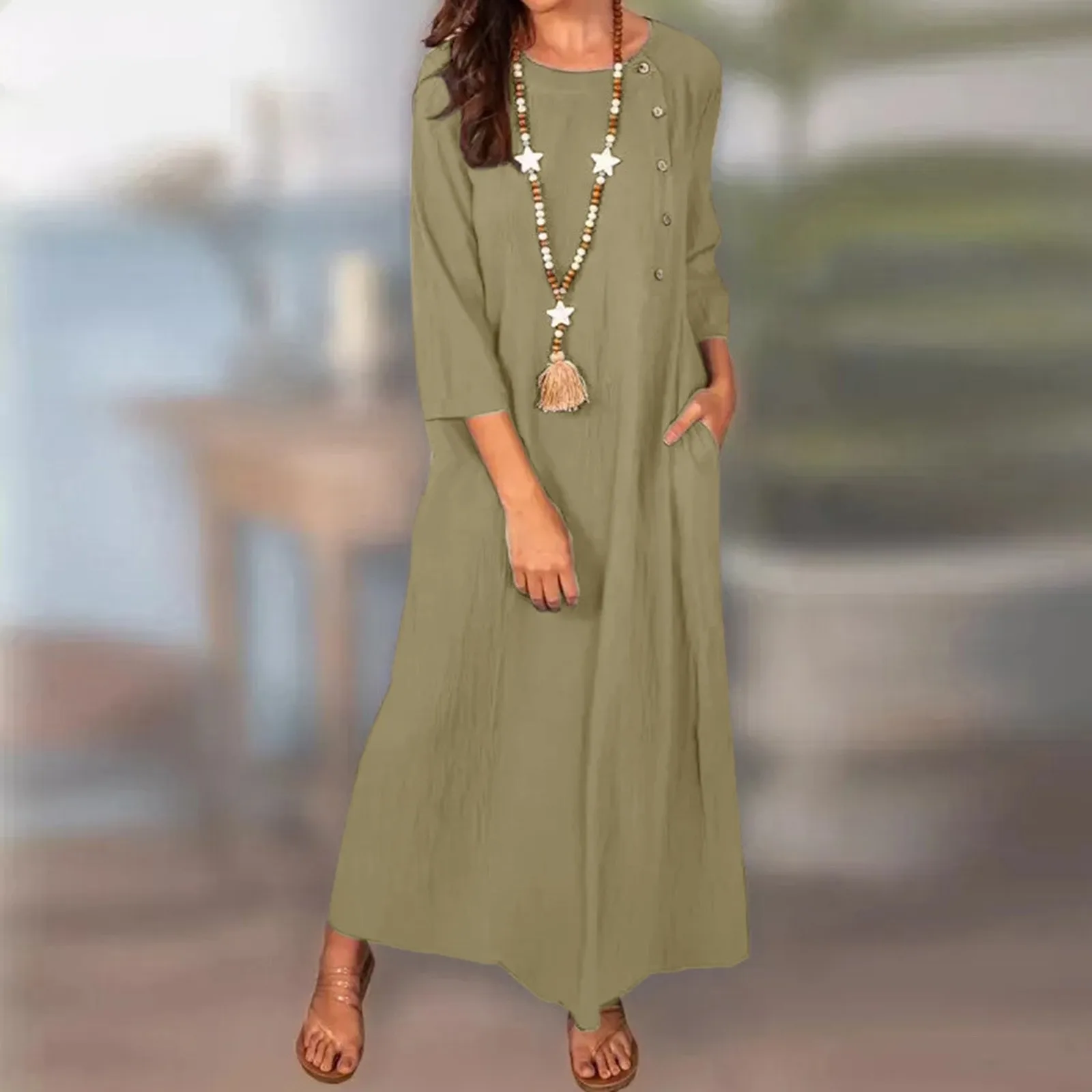 

Womens Daily Casual Pockets Dress O Neck Loose Dress Solid Elegant Dress Office Dress For Women 3/4 Sleeve Solid Long Dress