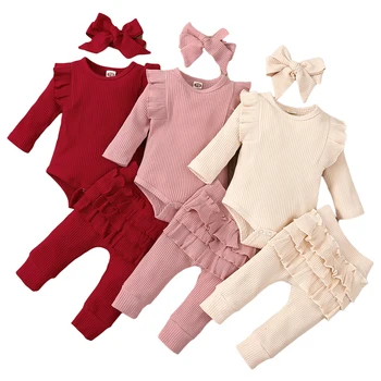 3 pièces bébé fille tenue ensemble nouveau-né enfant en bas âge enfants ensemble de vêtements bébé filles dentelle volants coton body + pantalon + bandeau vêtements
