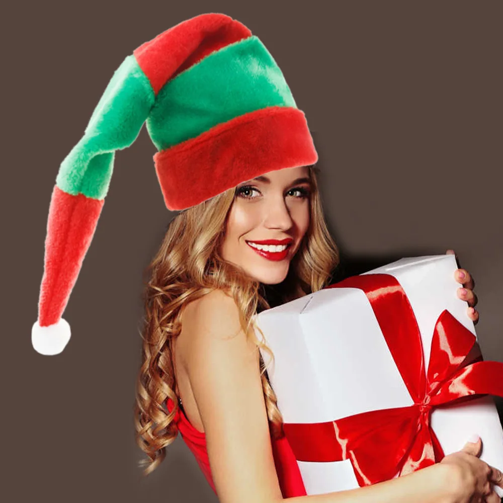 Adult Lengthened Red Green Striped Plush Christmas Hat Xmas Carnival Party Santa Elf Clown Curved Cap Cosplay Prop Boy Girl Gift
