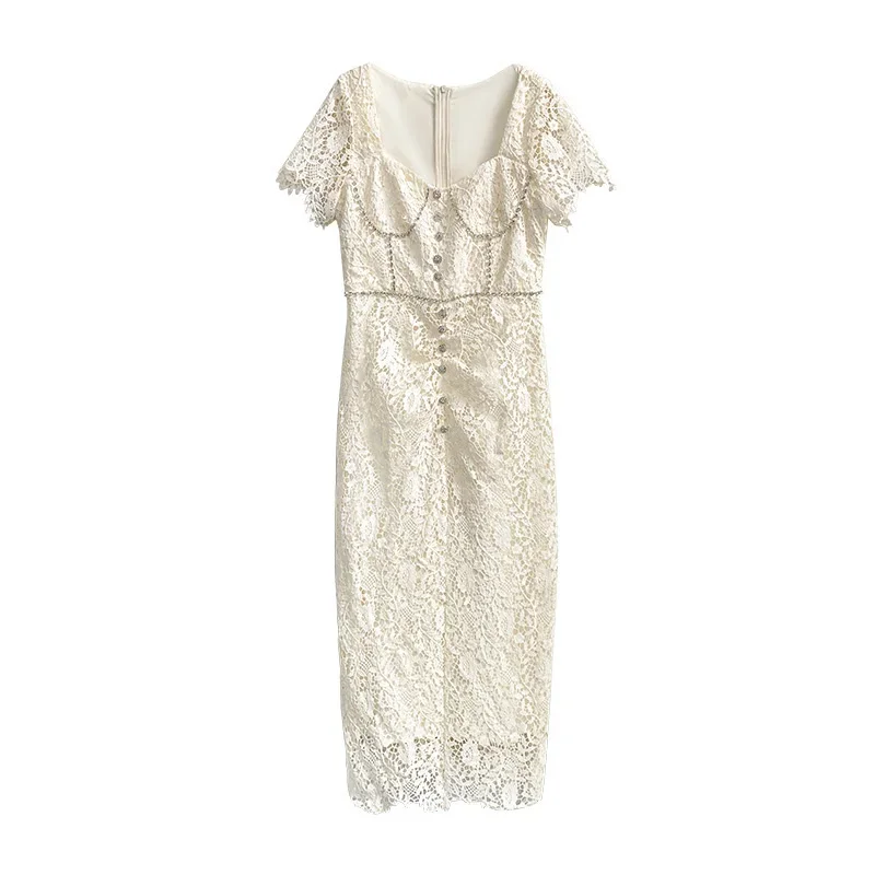 

Женское кружевное платье с коротким рукавом, облегающее вечернее платье-футляр средней длины с цепочкой со стразами, лето 2023