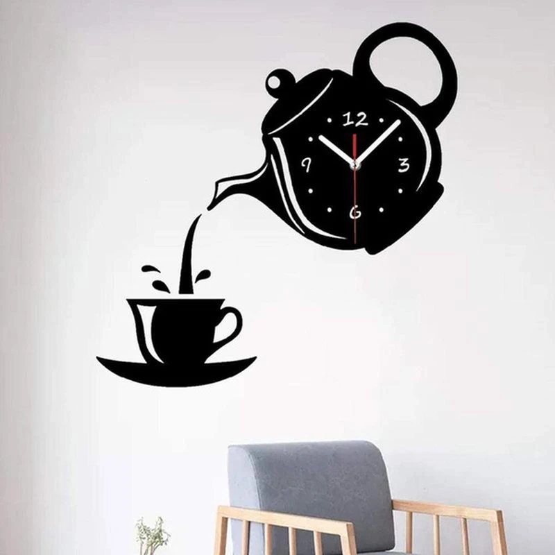 Creative Teapot Kettle Wall Clock, 3d Acrylic Coffee Tea Cup 22cm Black