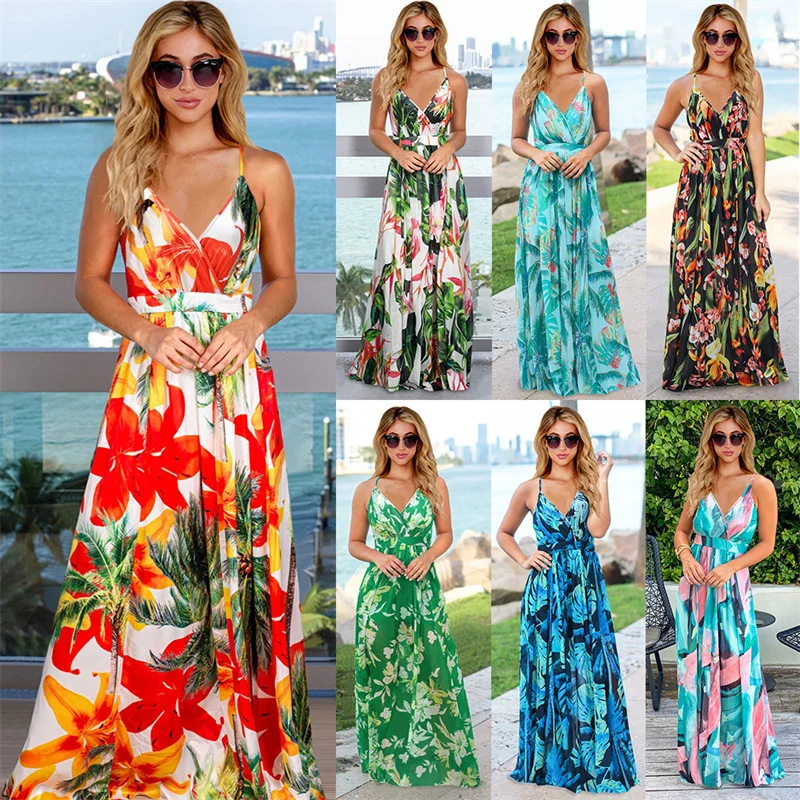 

Women Printed Strapless Low-Cut Drape Sense A-Line Dress Summer Vacation Fashion Casual Sling Dress