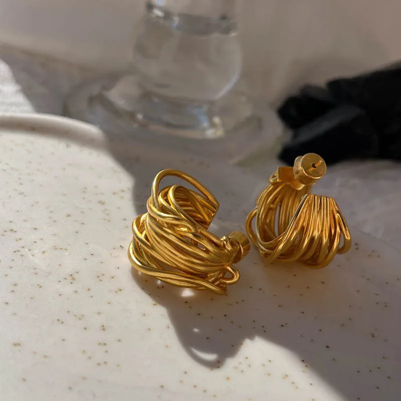 Vintage Multilayer Hollow Gold Plated Metal C Shape Dangle Earrings Women Stainless Steel Ear Stud Huggie Hoops Designer Jewelry