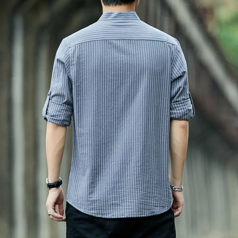 2023 Spring Autumn New Stand Collar Fashion Long Sleeve Shirt Man Y2K High Street Casual Loose Button Striped Cotton Pullovers