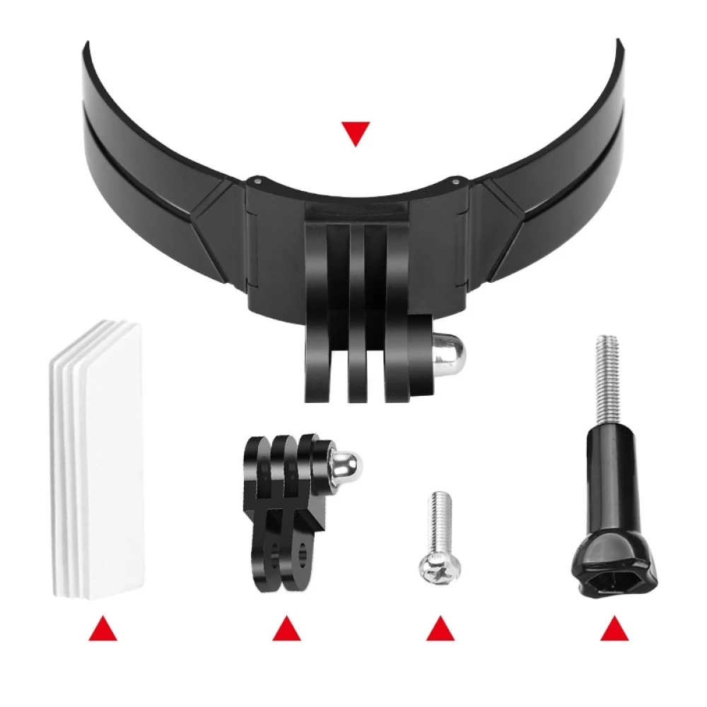 Angle latéral du support universel pour caméra d'action monté sur casque de moto, maintenant la GoPro en position stabilisée.