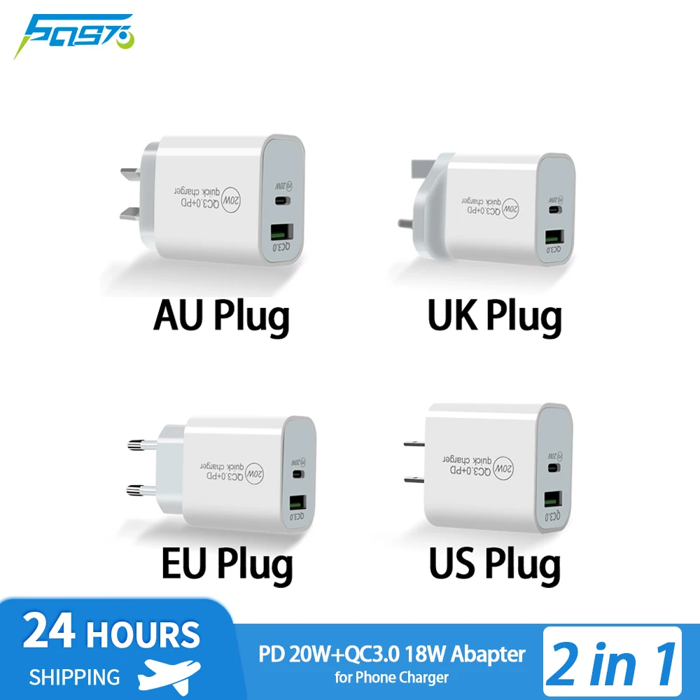 

PD 20W Type C Fast iPhone Charger QC3.0 USB Multiple Port Charge AU EU UK US KO Plug White Quick Apple 11 12 13 Pro Max Charging