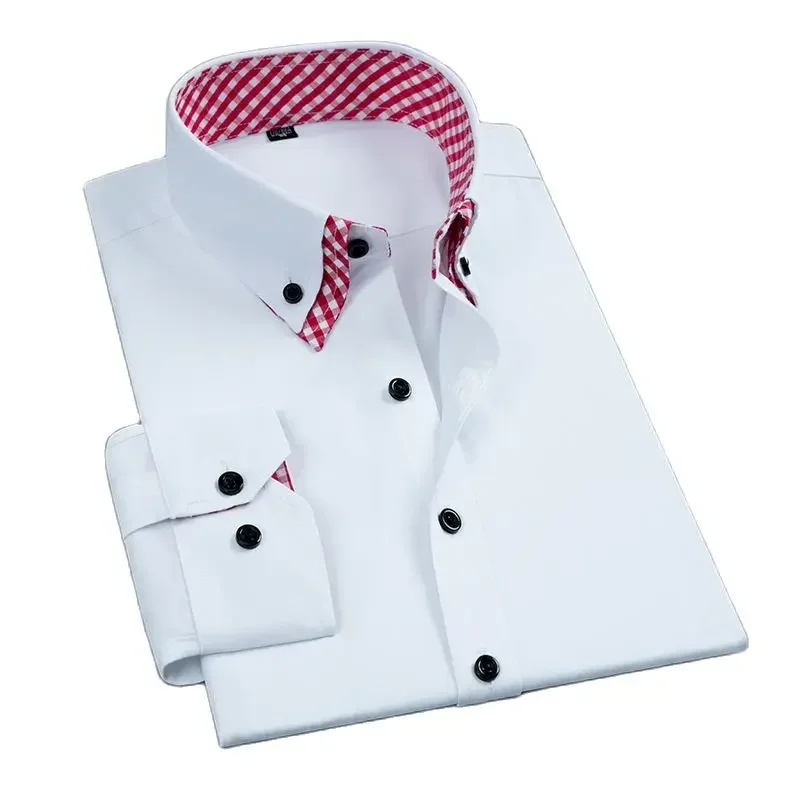 Mens Dress Shirt Double Layer Dress Shirt Long Sleeve Non Iron Fashion Business Formal Regular Fit Office Camisa Social Solid Button Shirts