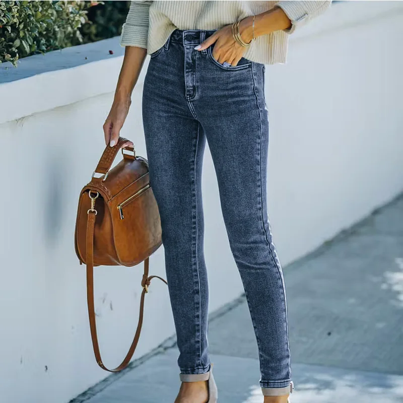 Blue Ladies Jeans High Waist Slim Skinny Blue Pants Long Length Stretchy Women Jeans Trousers