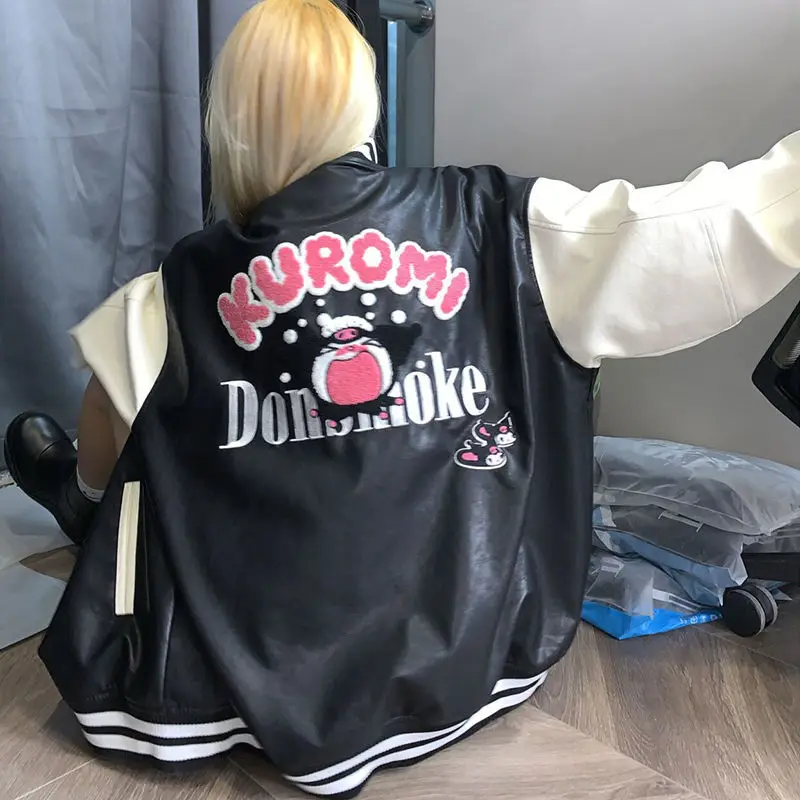 

Осенне-зимняя куртка Sanrio Kawaii Kulomi с изображением персонажа из мультфильма, черно-белая куртка в стиле пэчворк