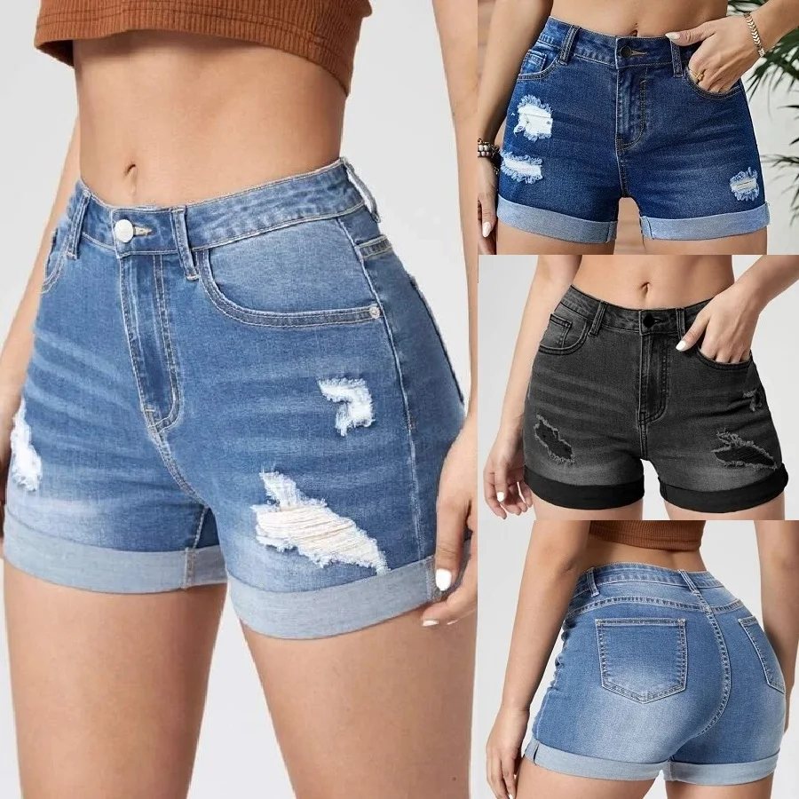 Women Summer Denim Shorts High Waist Ripped Hole Stretch Jeans Short Pants Ladies Casual Shorts