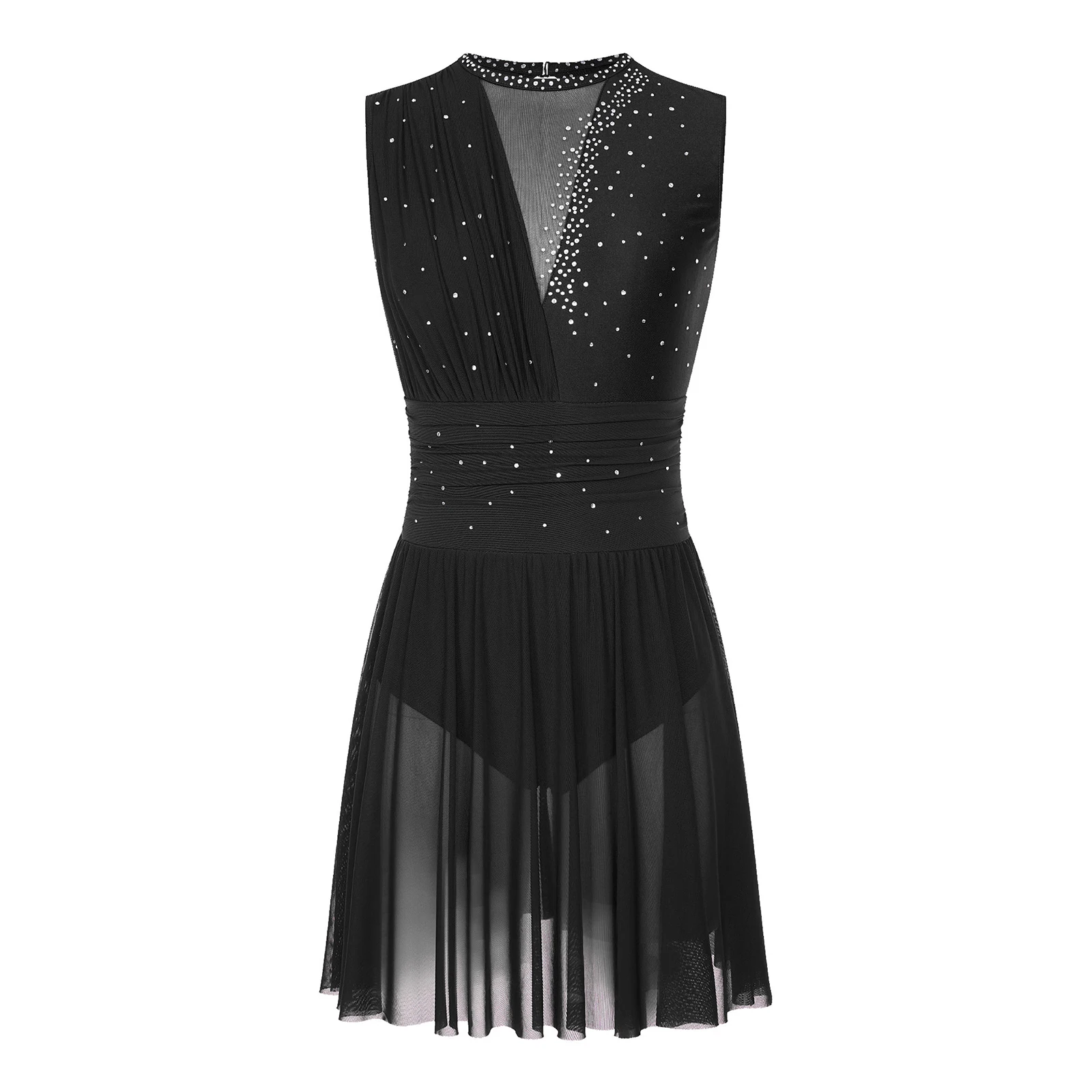 Women Figure Skating Costume Ballet Gymnastics Modern Lyrical Dance Leotard Dress Sleeveless Rhinestone Sheer Mesh Dancewear