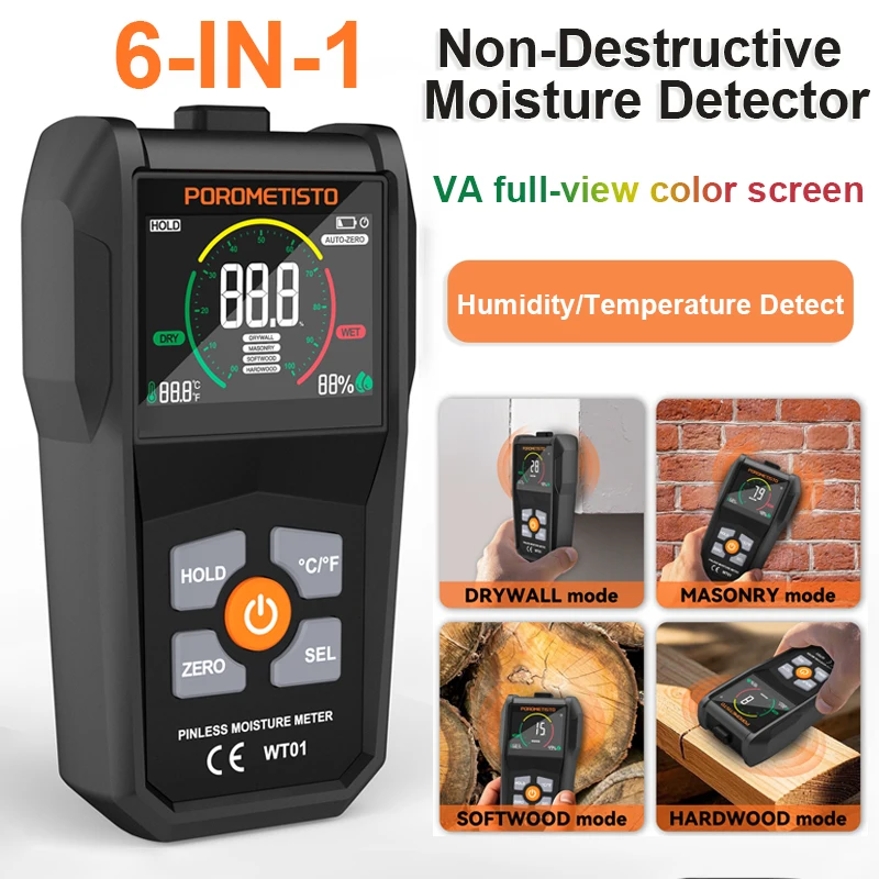 Wood Moisture Meter 6-in-1 Handheld Digital Moisture Meter Pinless Wood Moisture Meters WT01 Detector Non-Destructive Water Leak Detector