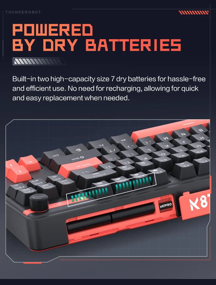 K87Pro Mechanical Keyboard THUNDEROBOT 87 Keys RGB Hot-Swappable Red Switch 2.4G Wireless Keyboard