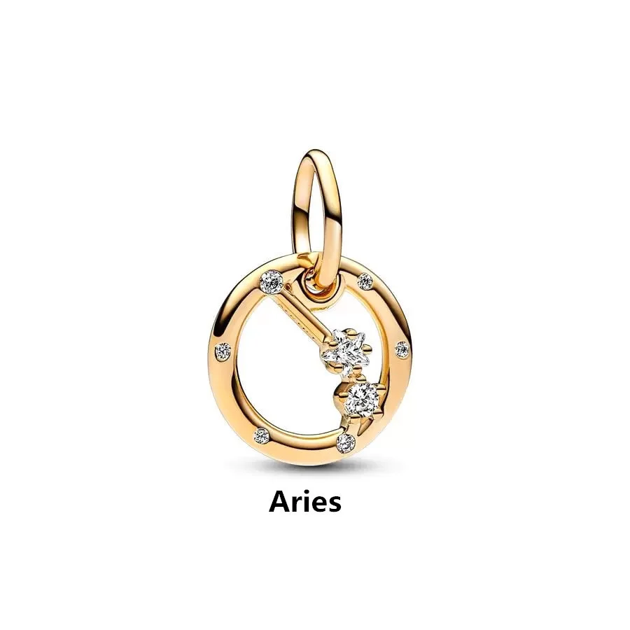 Gold Plated 12 Constellation Pendant Dangle Charm Beads Fit Original 925 Sterling Silver Europeans Bracelet DIY Jewelry